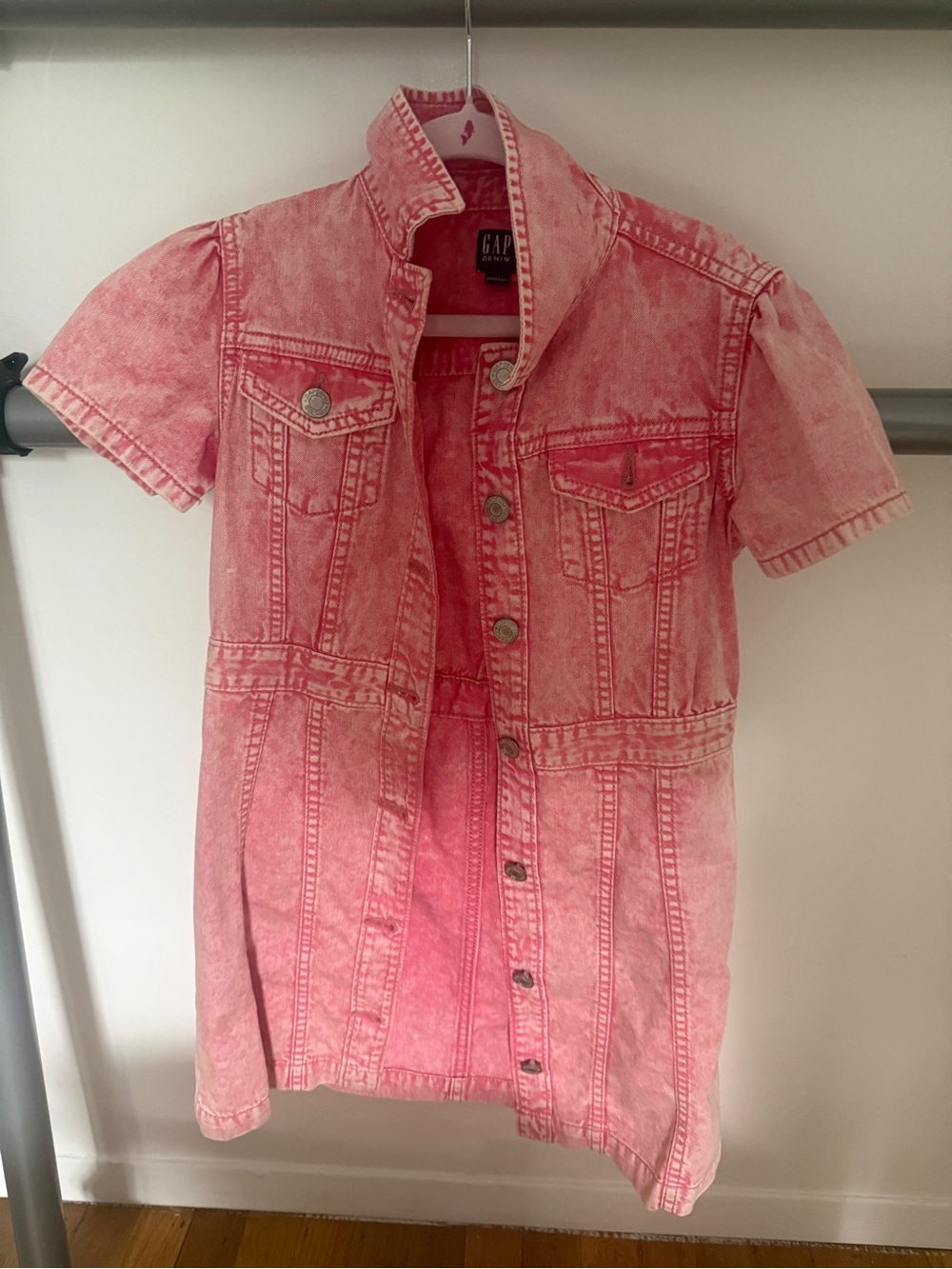 GAP Pink Acid-Wash Button-Front Short Sleeve Denim Shirt Dress